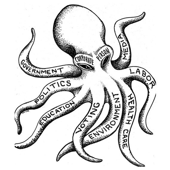 Line drawing of an octopus with eight legs. Each leg is inscribed with eight areas of concern related to the Citizens United Decision.