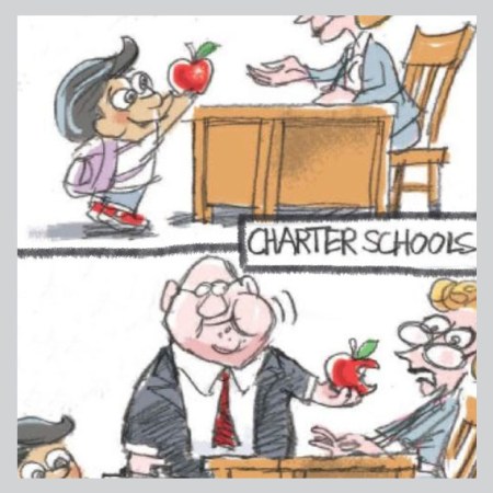 cartoon illustrates corporatization of schools