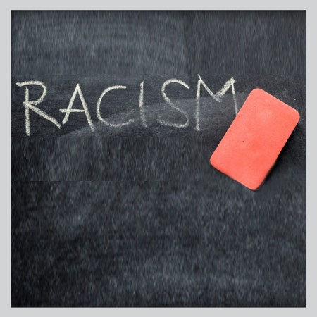 The word "Racism" written on black board with chalk.