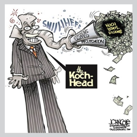 Cartoon depiction of Koch as Republican elephant snorting up cash