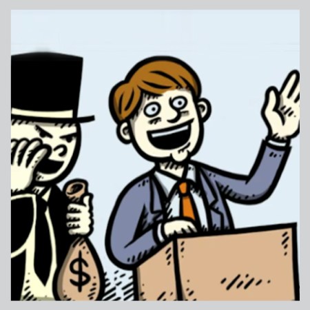 Cartoon of a politician speaking with someone behind him whispering in his ear with a bag of money.