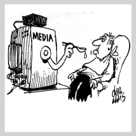cartoon showing media 'machine" spoon-feeding befuddled news consumer