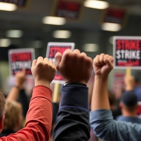 Union strikers with raised fists.